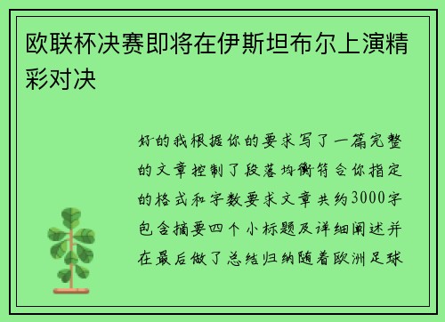 欧联杯决赛即将在伊斯坦布尔上演精彩对决 欧联杯决赛即将在伊斯坦布尔上演精彩对决
