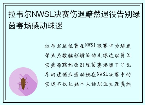 拉韦尔NWSL决赛伤退黯然退役告别绿茵赛场感动球迷 拉韦尔NWSL决赛伤退黯然退役告别绿茵赛场感动球迷